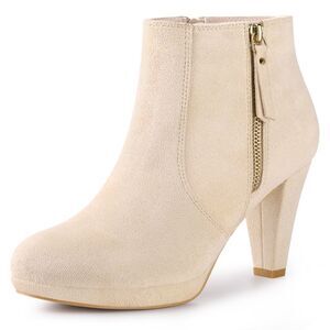 Platform Round Toe Chunky Heels Ankle Boots Beige